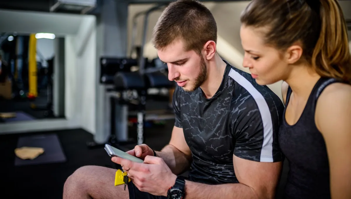 Instrutor e aluna conferindo o celular durante treino na academia